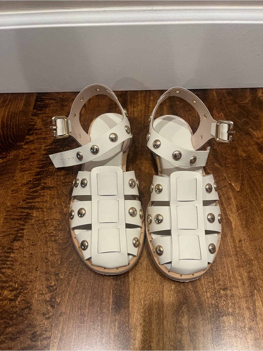 Freda Salvador Sera Fisherman Sandal Dove White Calf with Gold Studs, 6.5